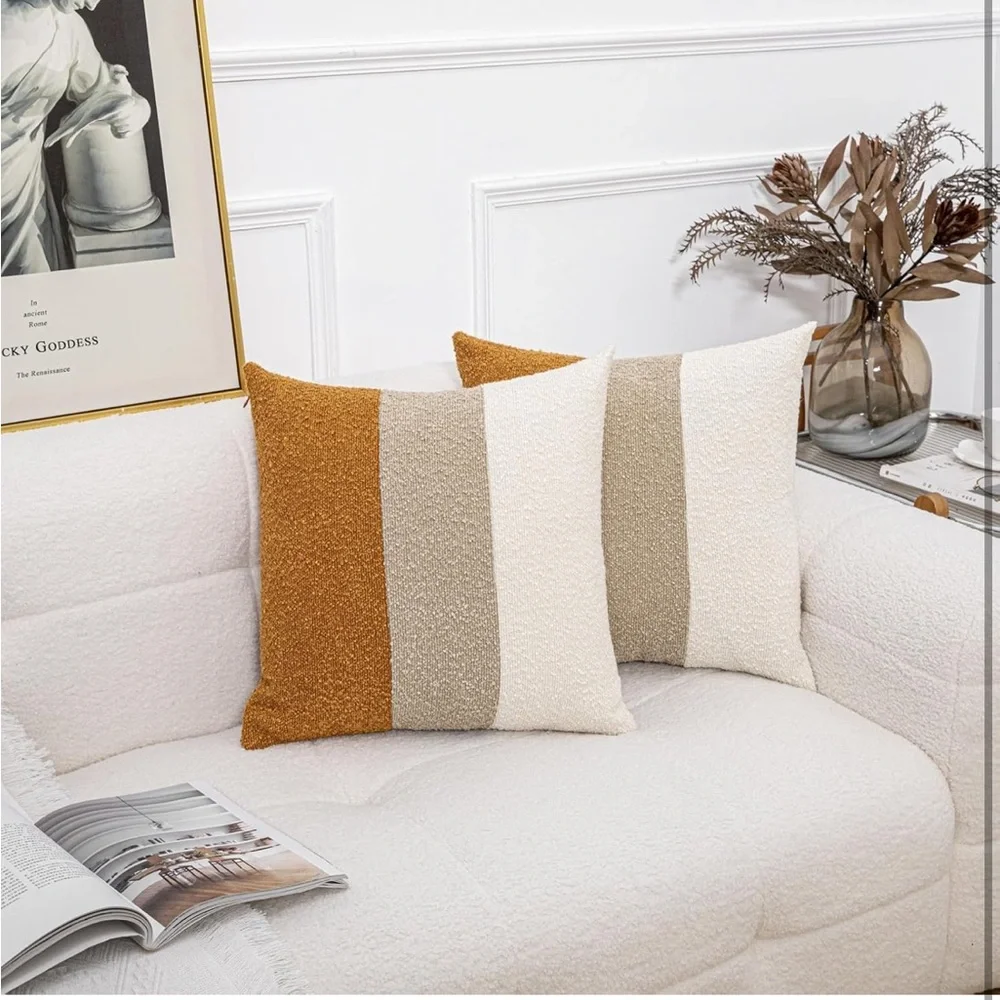 Vuty Decorative Textured Boucle Pillow Covers 20 X 20, Cream/Khaki/Orange Brown